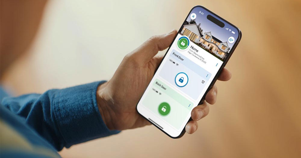 Person using their smart phone to unlock their smart lock remotely.