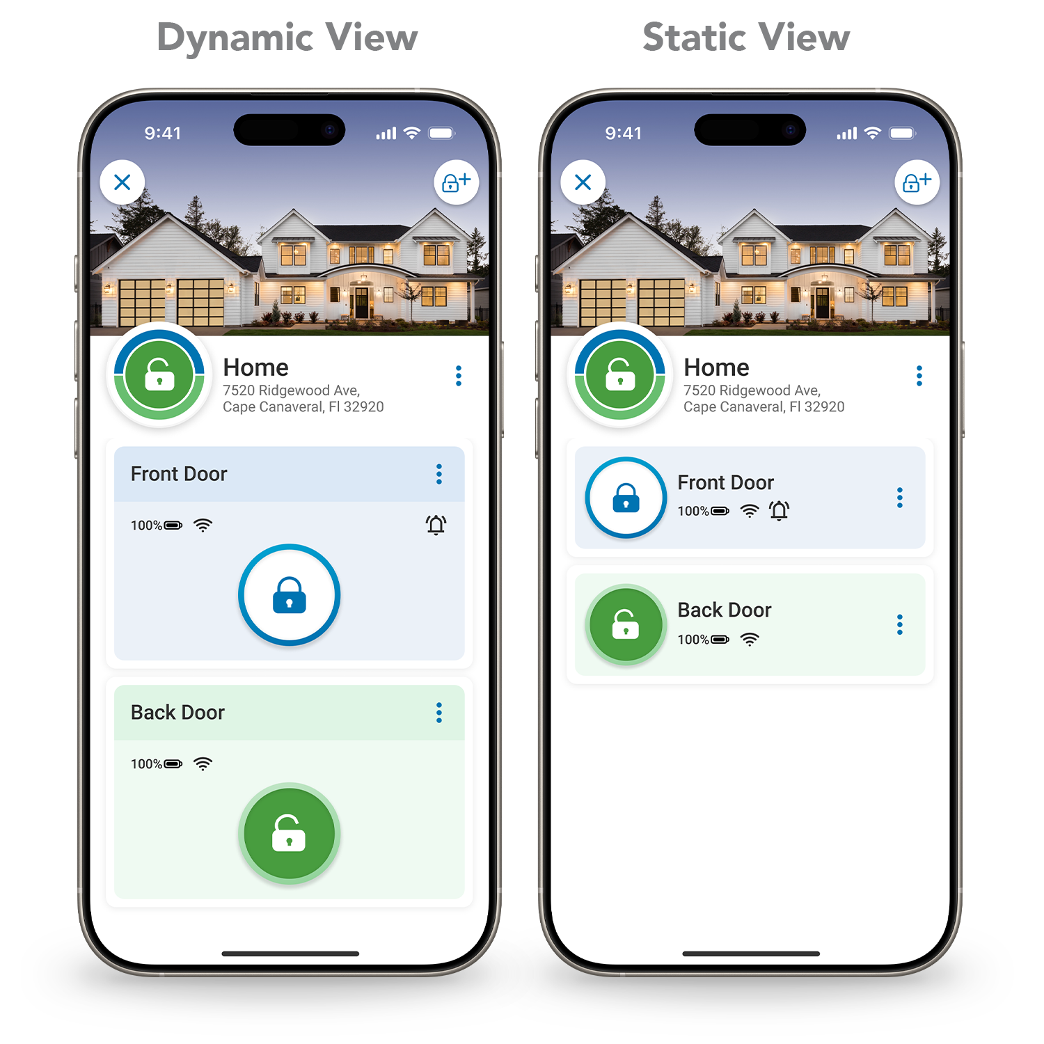 Side by side view of dynamic and static views of Schlage Home app.