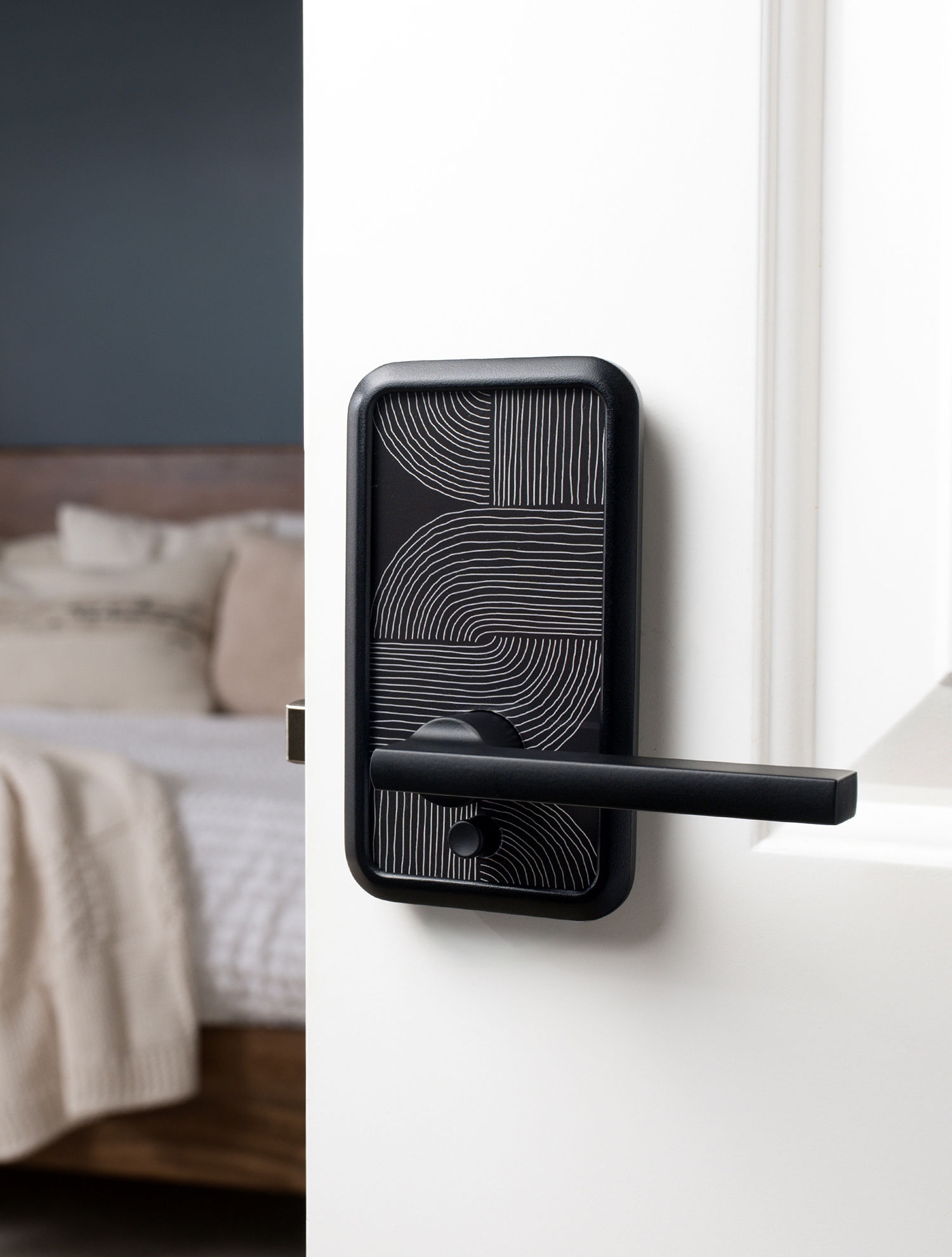 Latitude lever with the bold geometric insert on a bedroom door.