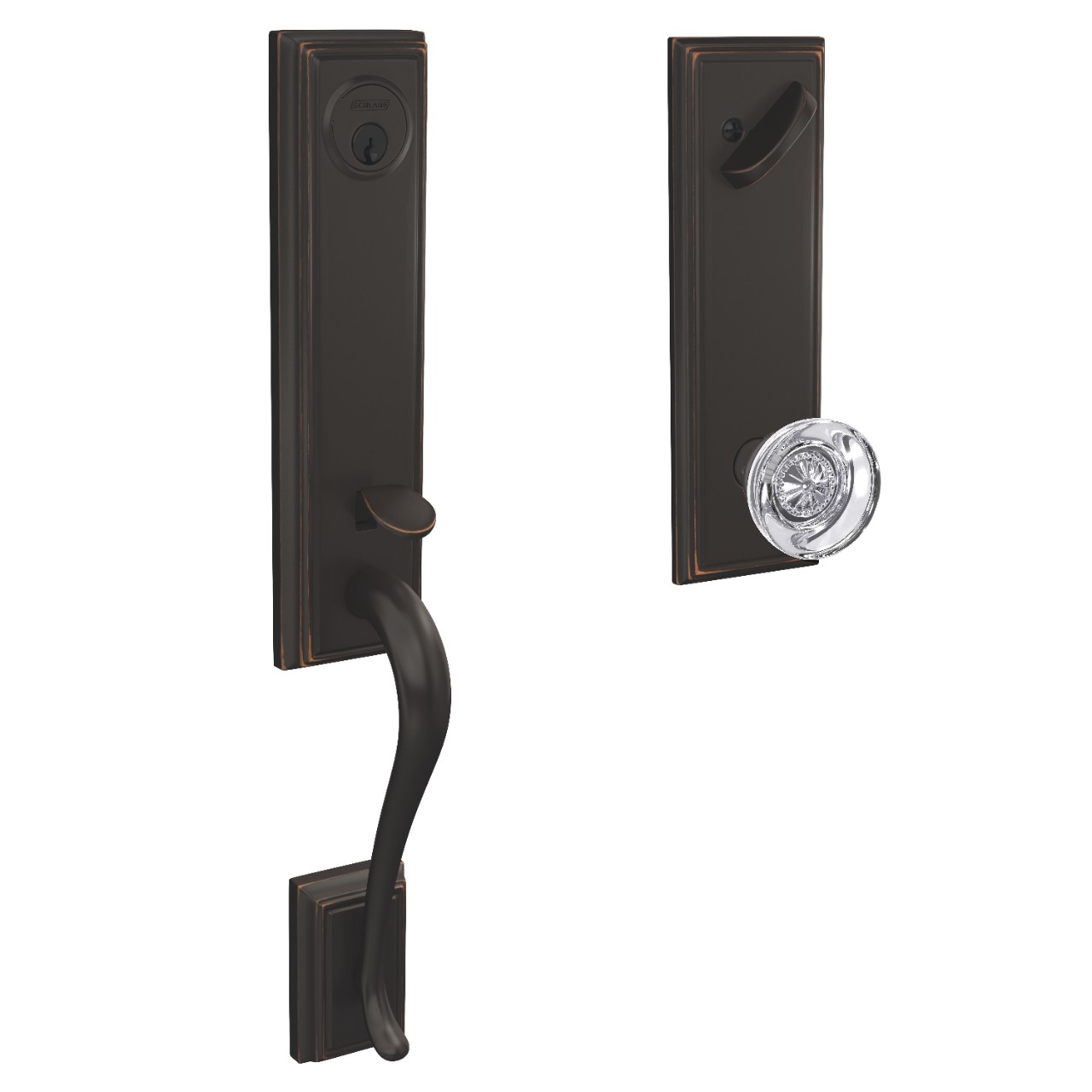 Custom 3/4 Trim Single Cylinder Handleset and Hobson Glass Knob with Addison Trim