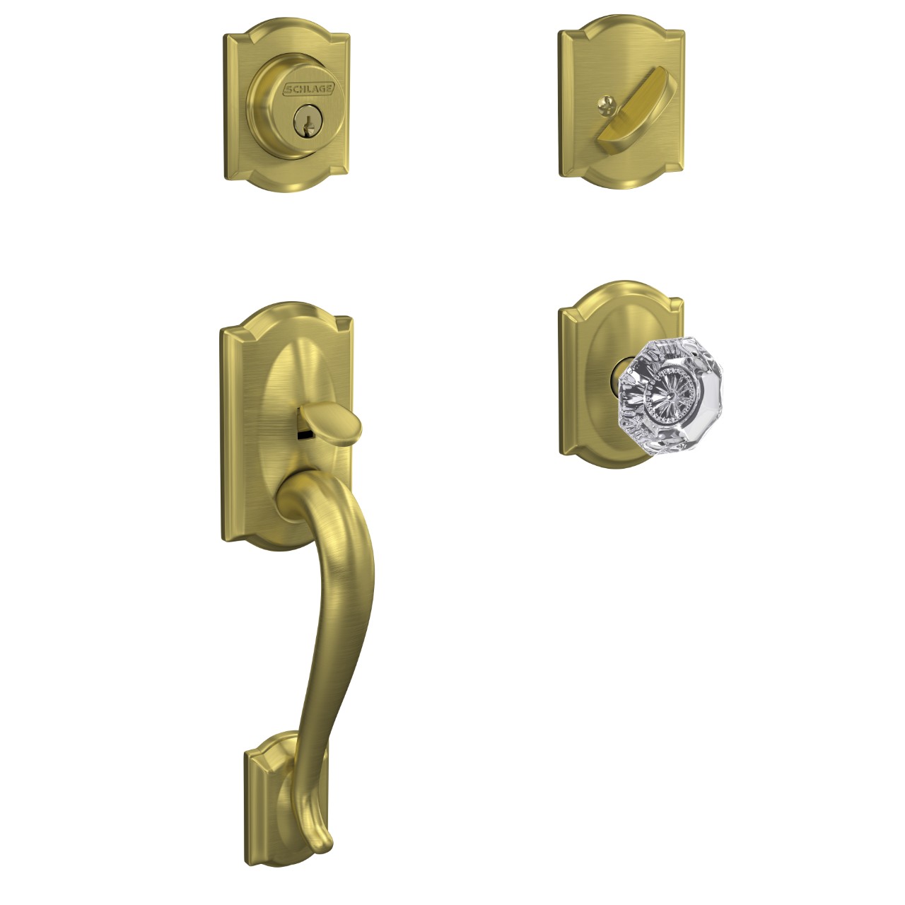 Custom Single Cylinder Handleset and Alexandria Glass Knob with Camelot Trim