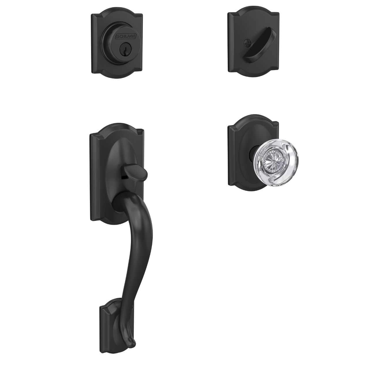 Custom Single Cylinder Handleset and Hobson Glass Knob with Camelot Trim